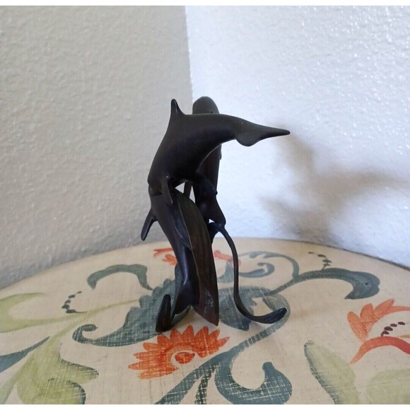Vintage Dancing Dolphins Bronze Wave Base MCM Sculpture Patina Swimming Dolphins - Picture 6 of 12